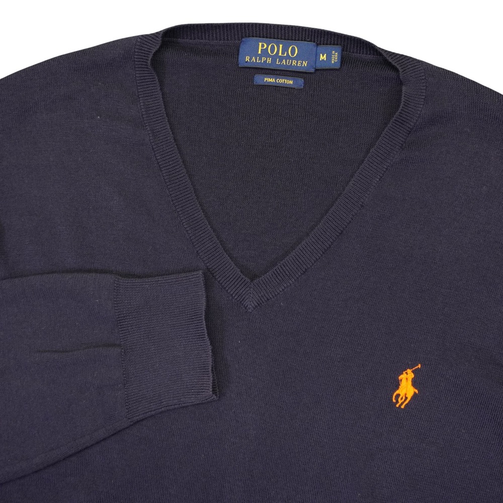 Polo Ralph Lauren Sweater Mens M Navy Blue Pima Cotton V-Neck Orange Pony Preppy
